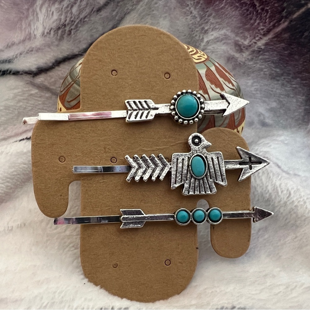 ❤️ Southwestern Navajo Faux Turquoise Hair Bobby Pins Set of 3 Cowgirl Western